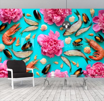 Bild på Sea food and flowers background